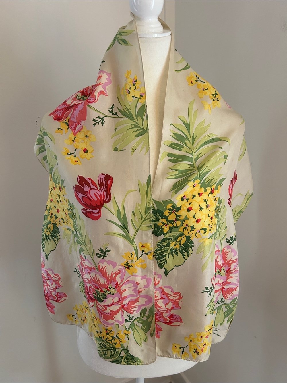 Brooks Brothets Multicolored Floral Silk Scarf in Cream, Pink & Yellow
